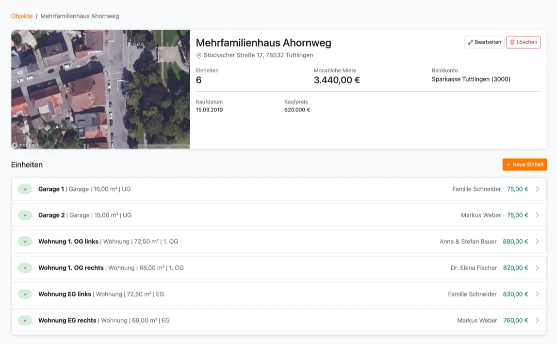 Objekt-Detailansicht mit Satellitenbild und Einheiten